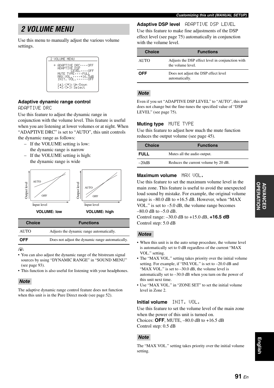 2 volume menu | Yamaha HTR-6180 User Manual | Page 95 / 152