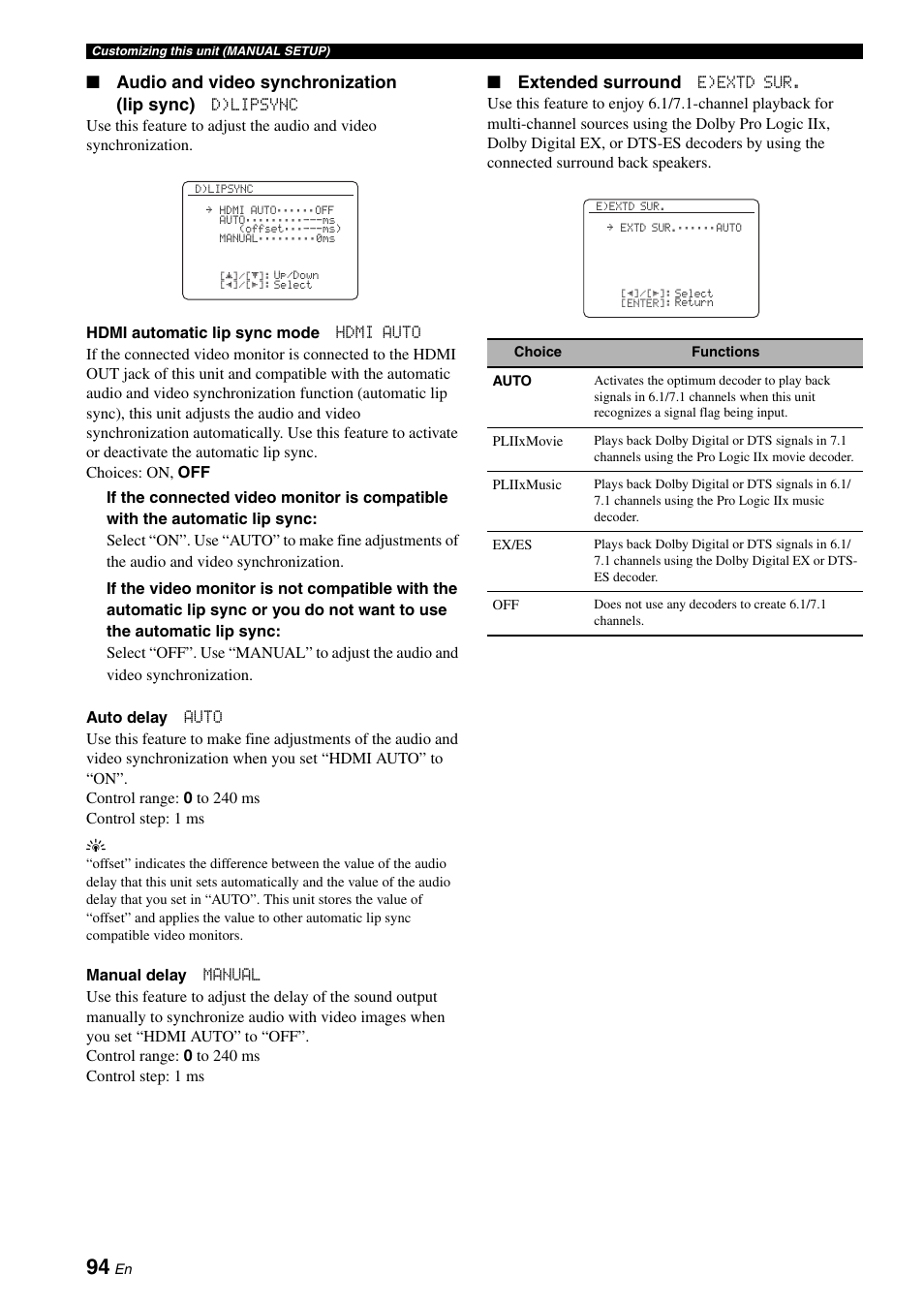 Audio and video synchronization (lip sync), Extended surround | Yamaha HTR-6180 User Manual | Page 98 / 152