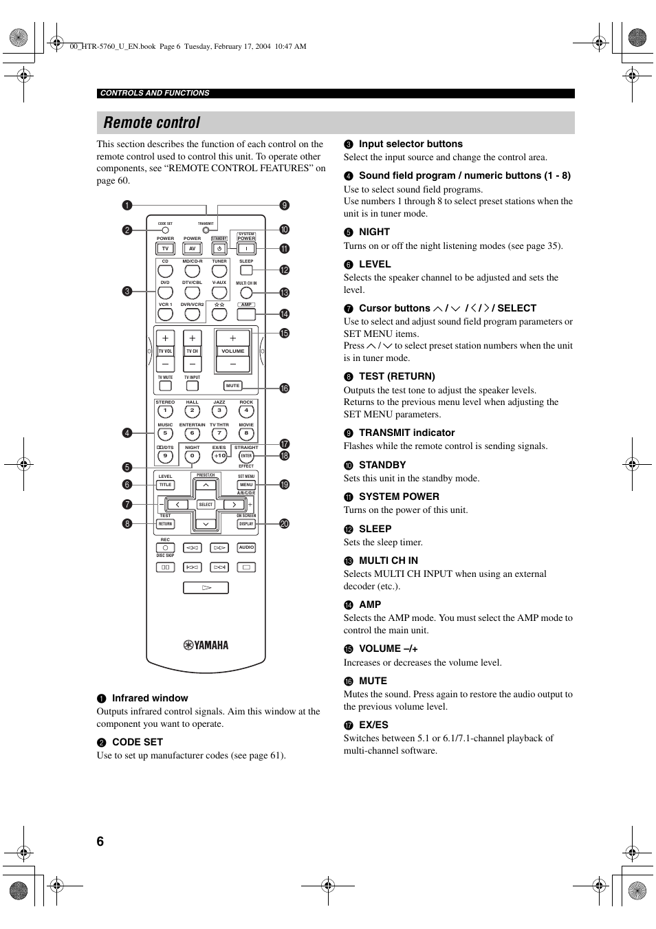 Remote control | Yamaha HTR-5760 User Manual | Page 10 / 88