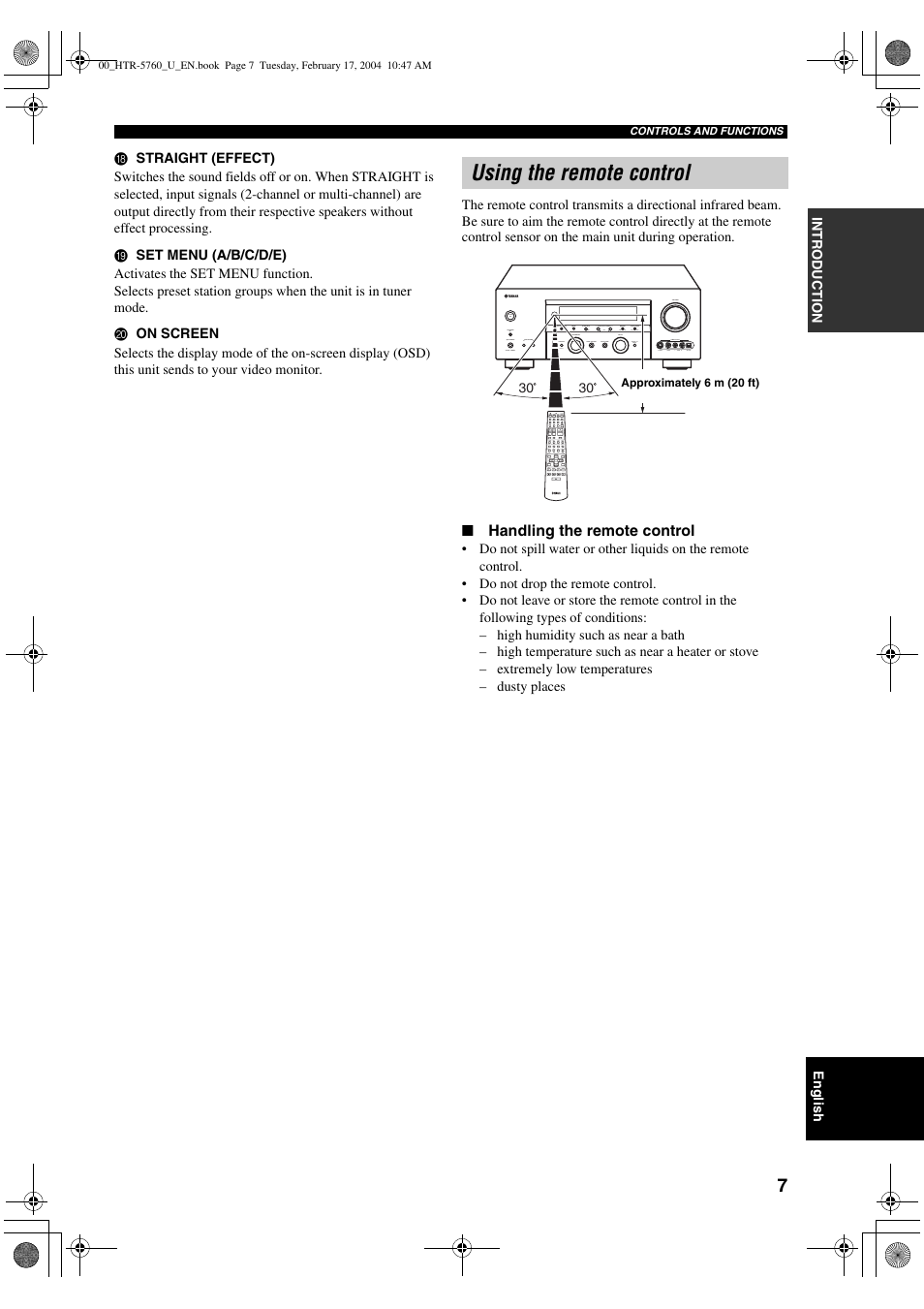 Using the remote control | Yamaha HTR-5760 User Manual | Page 11 / 88