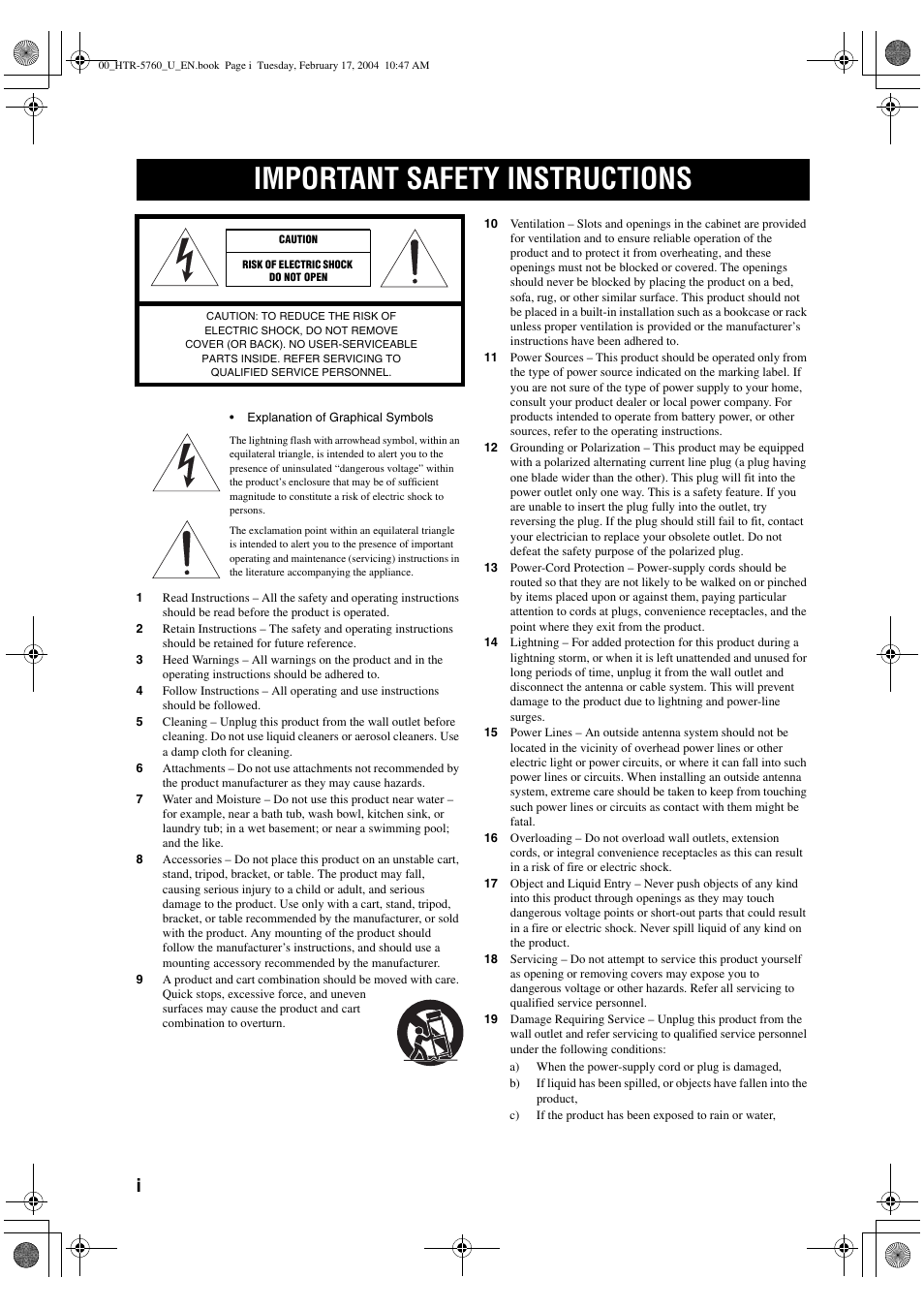 Important safety instructions | Yamaha HTR-5760 User Manual | Page 2 / 88