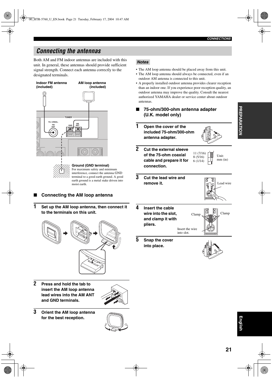 Connecting the antennas | Yamaha HTR-5760 User Manual | Page 25 / 88