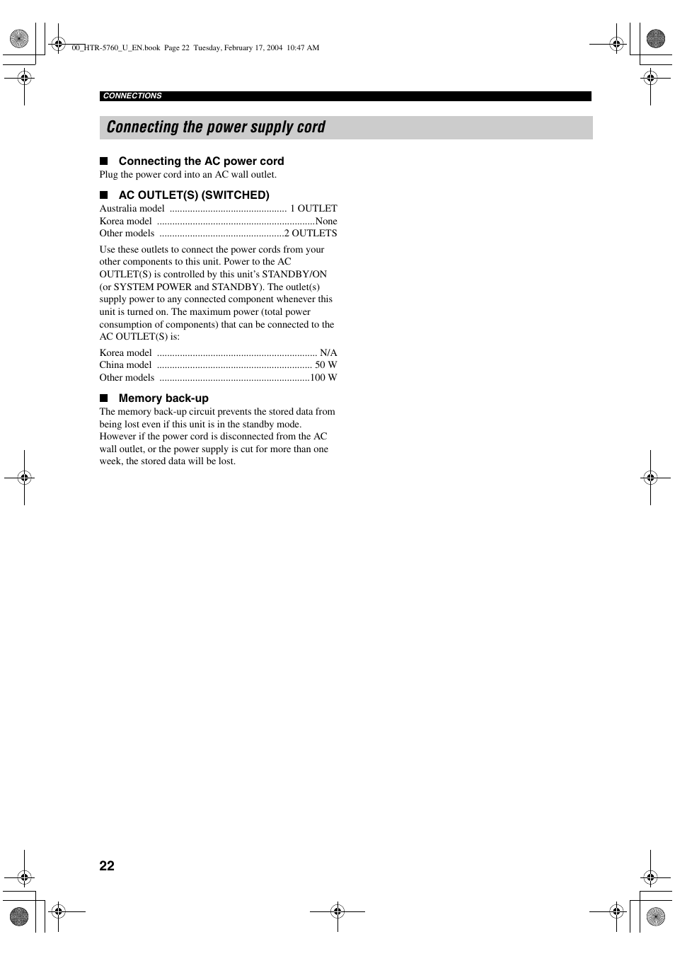 Connecting the power supply cord | Yamaha HTR-5760 User Manual | Page 26 / 88