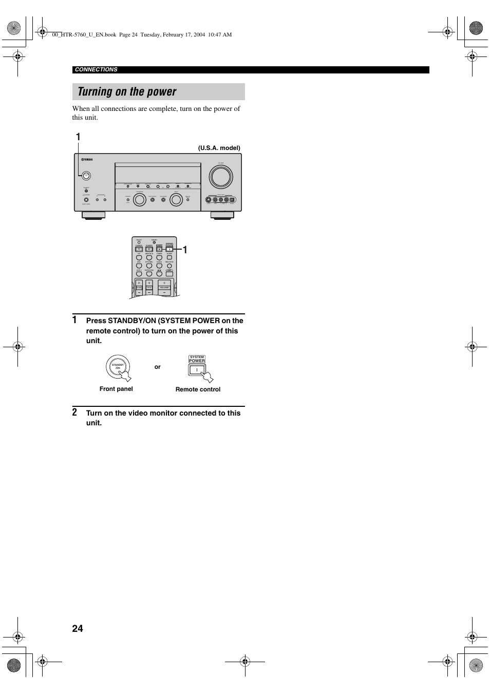 Turning on the power, Turn on the video monitor connected to this unit | Yamaha HTR-5760 User Manual | Page 28 / 88