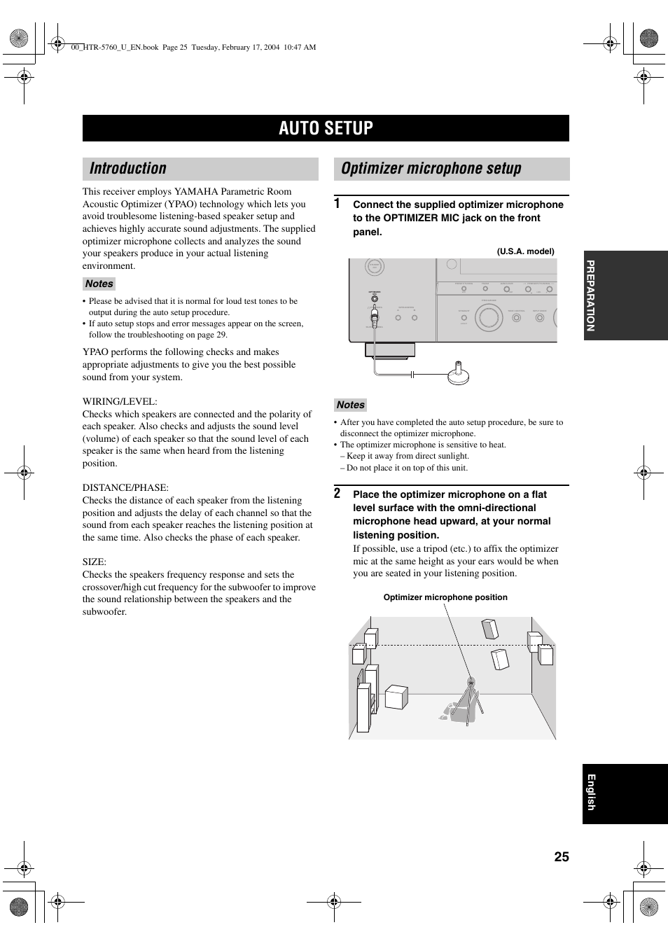 Auto setup, Introduction, Optimizer microphone setup | Yamaha HTR-5760 User Manual | Page 29 / 88