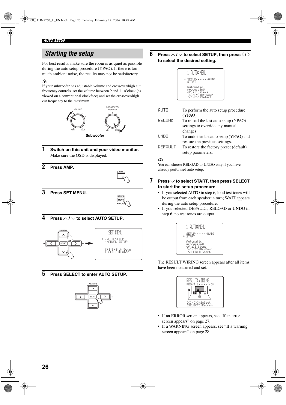 Starting the setup, Set menu, 1 auto:menu | Result:wiring | Yamaha HTR-5760 User Manual | Page 30 / 88