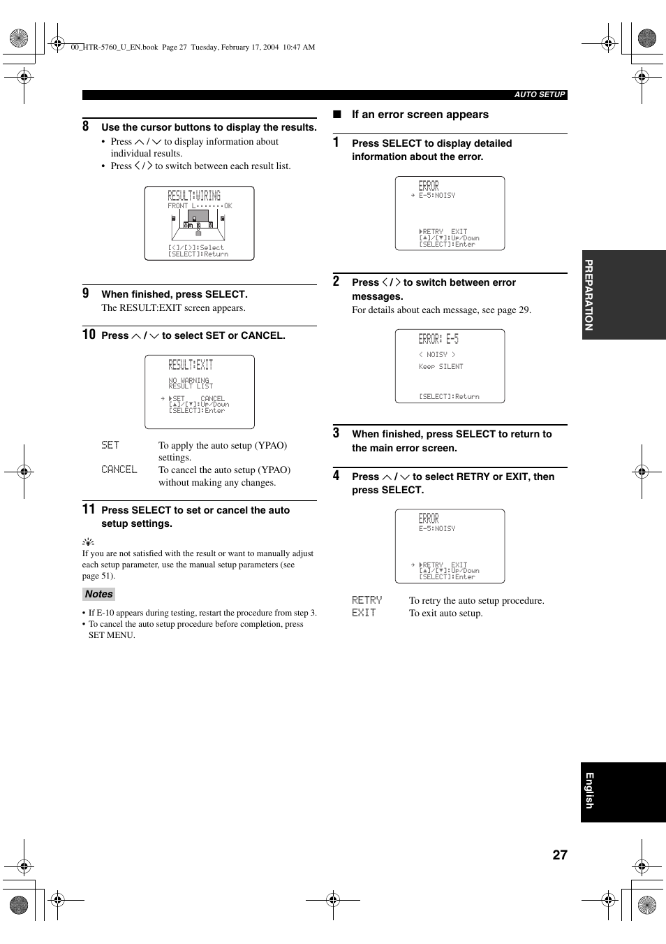 R screen appears, see “if an error, Result:wiring result:exit, Error | Error: e-5 | Yamaha HTR-5760 User Manual | Page 31 / 88