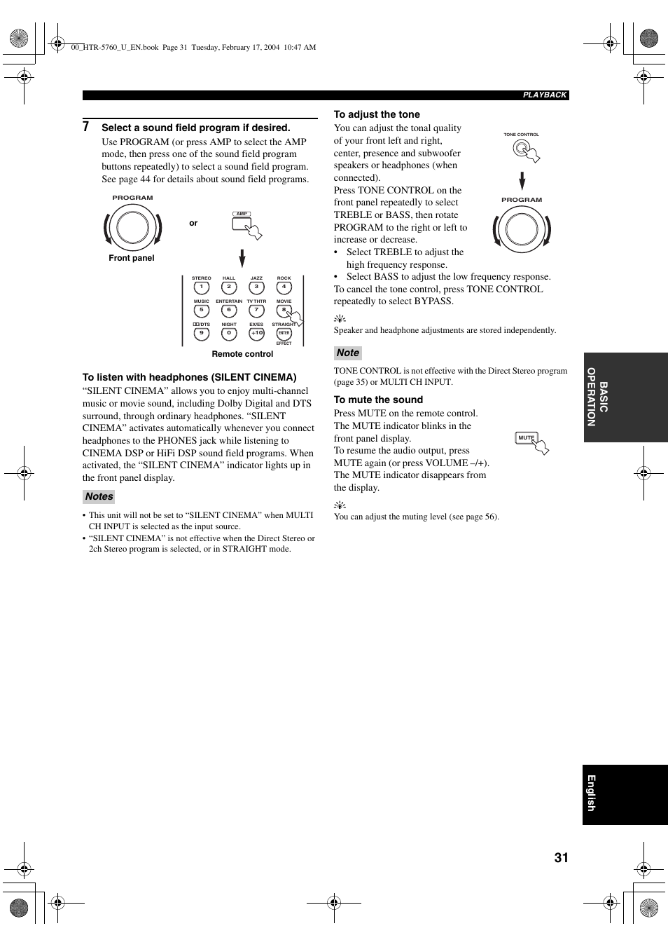 English, Ba s ic opera t ion | Yamaha HTR-5760 User Manual | Page 35 / 88