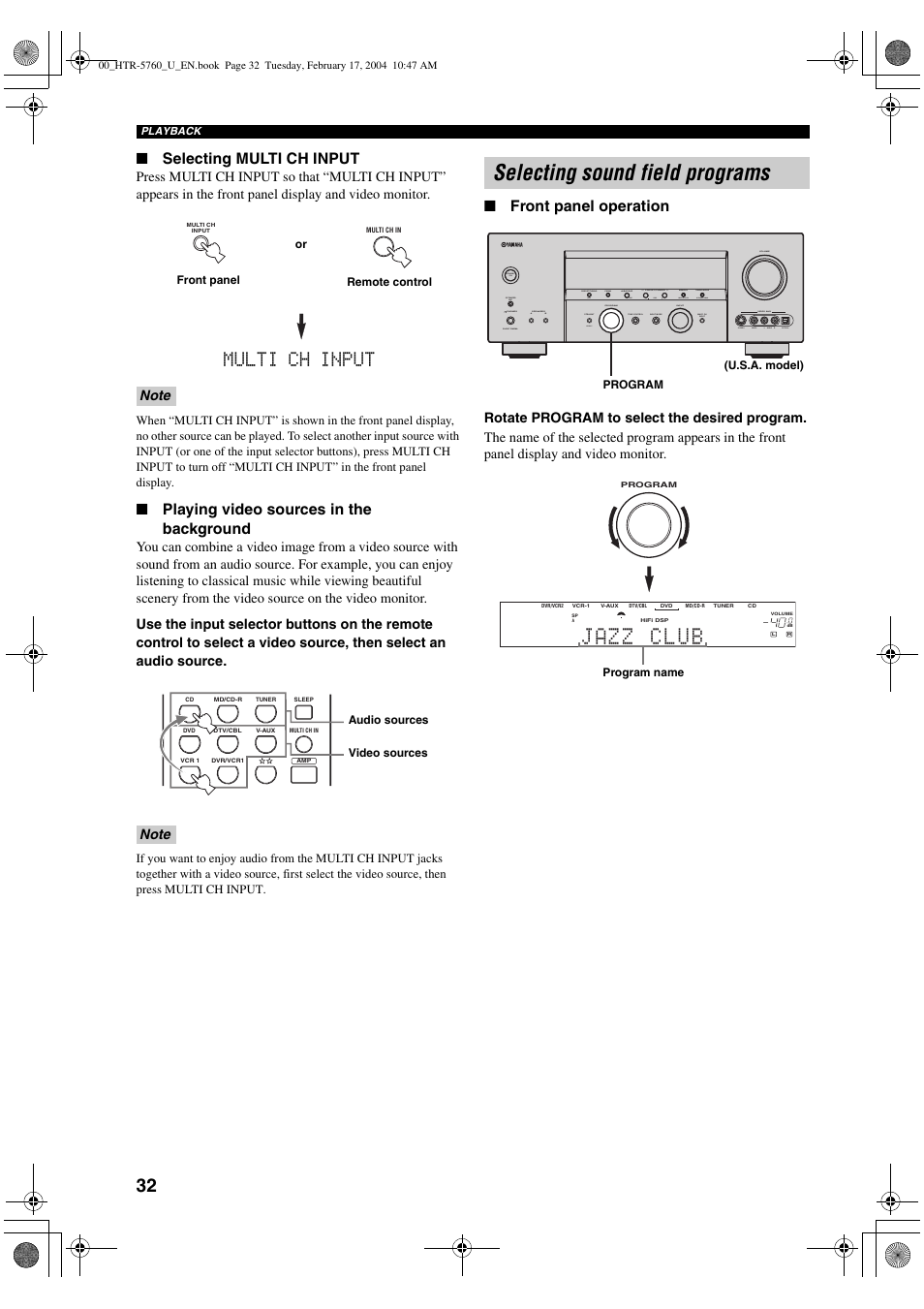 Selecting sound field programs, Multi ch input, Selecting multi ch input | Playing video sources in the background, Front panel operation | Yamaha HTR-5760 User Manual | Page 36 / 88