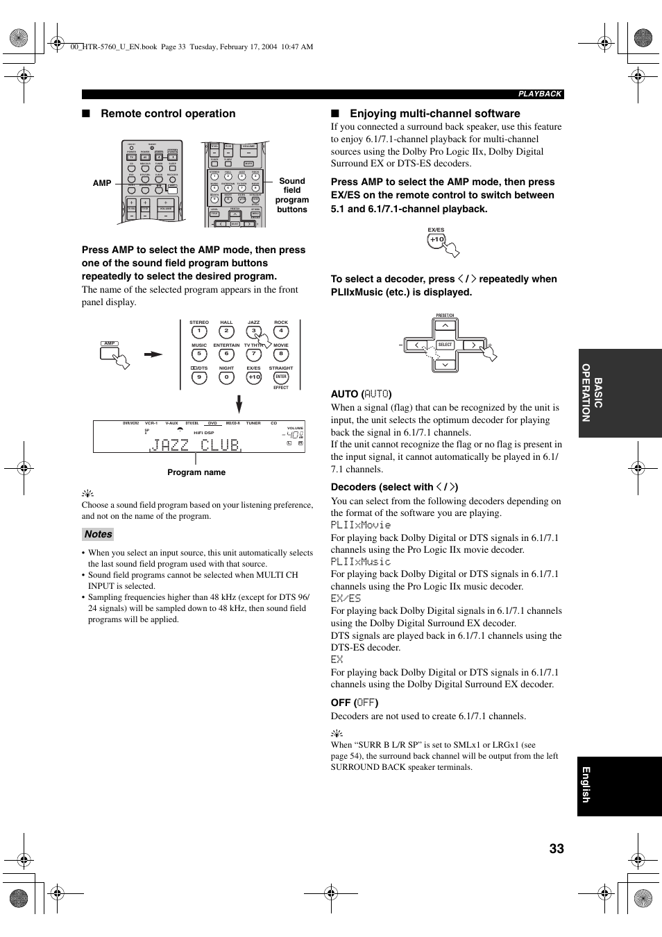 Remote control operation, Enjoying multi-channel software, English | Ba s ic opera t ion, Sound field program buttons amp, Program name, Playback | Yamaha HTR-5760 User Manual | Page 37 / 88