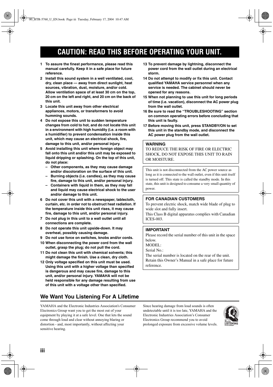 Caution: read this before operating your unit, We want you listening for a lifetime | Yamaha HTR-5760 User Manual | Page 4 / 88