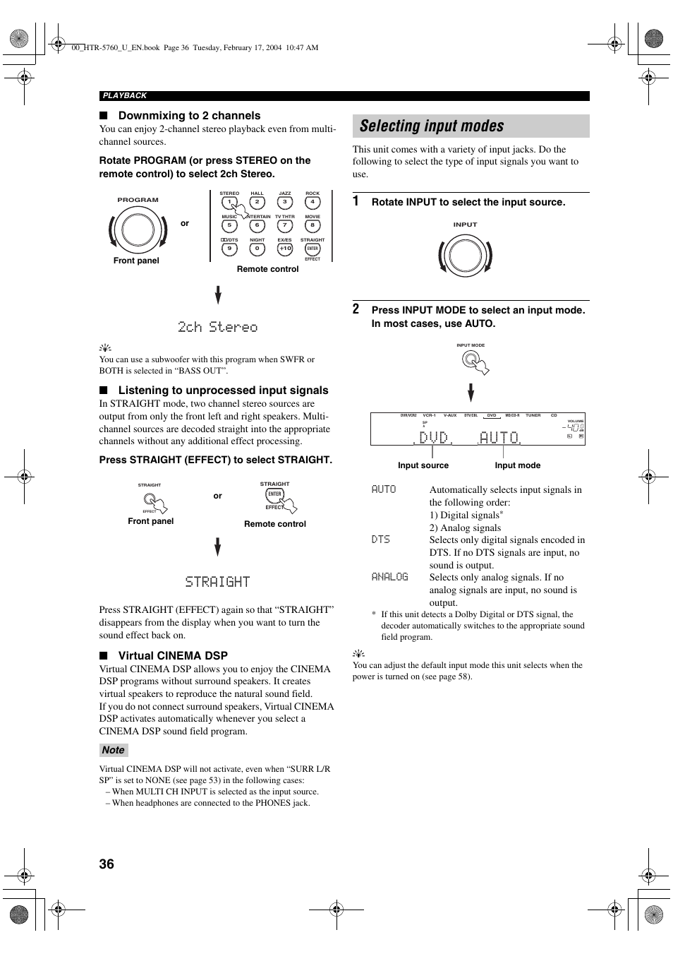 Selecting input modes, 2ch stereo, Straight | Downmixing to 2 channels, Listening to unprocessed input signals, Virtual cinema dsp, Rotate input to select the input source | Yamaha HTR-5760 User Manual | Page 40 / 88