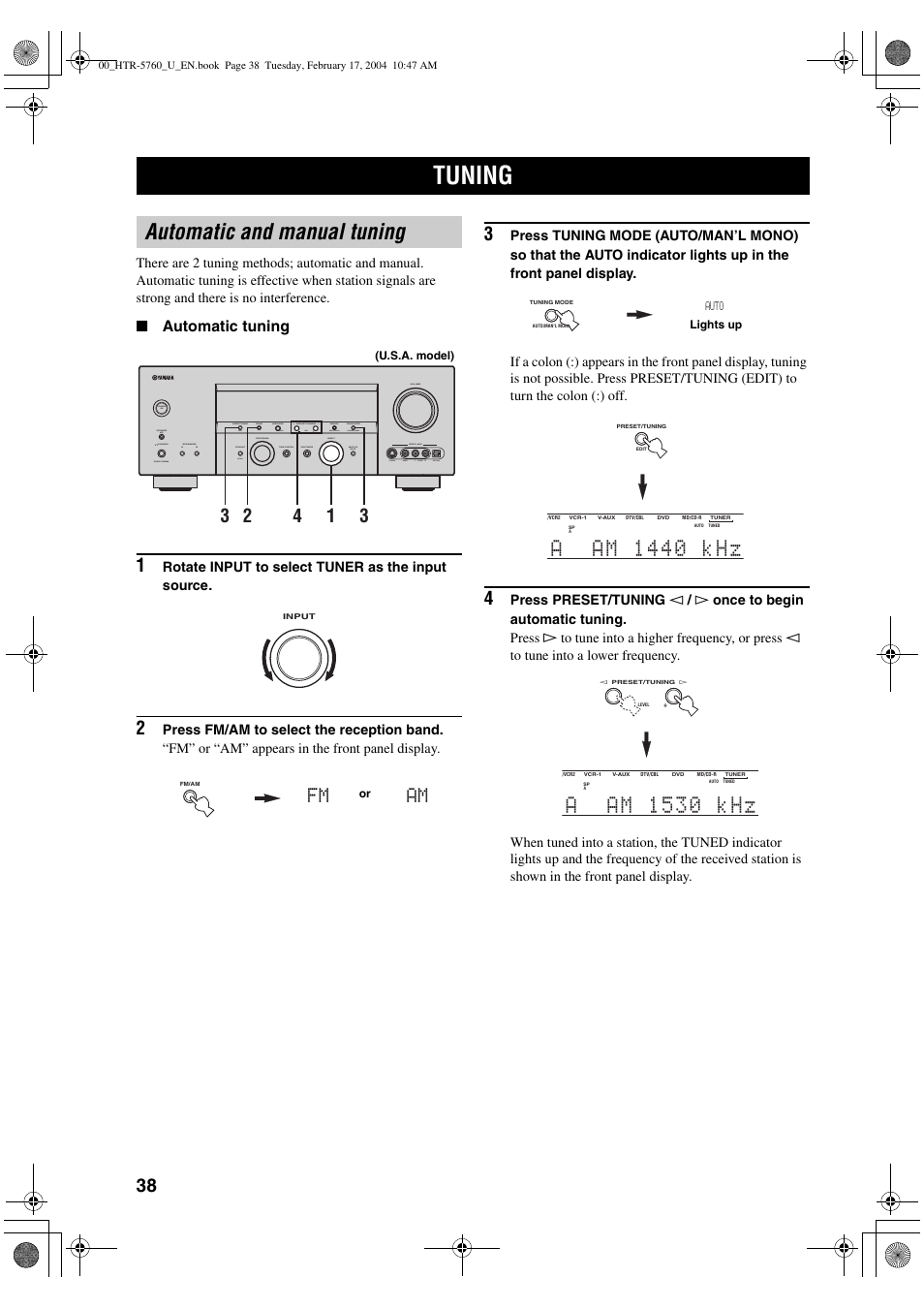 Tuning, Automatic and manual tuning, Am fm | Automatic tuning | Yamaha HTR-5760 User Manual | Page 42 / 88