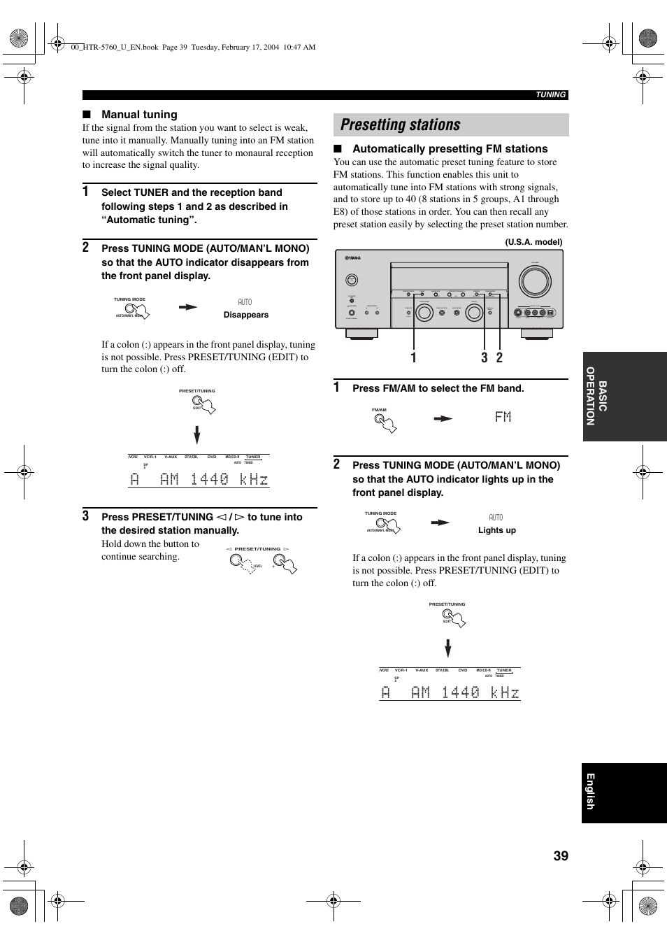 Presetting stations, Manual tuning, Automatically presetting fm stations | Yamaha HTR-5760 User Manual | Page 43 / 88