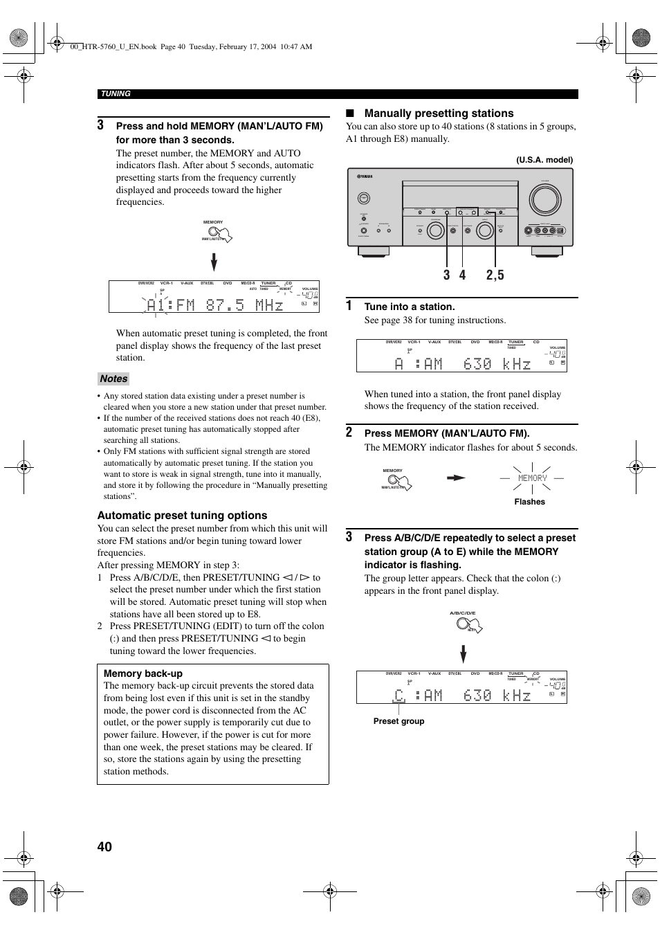 Automatic preset tuning options, Manually presetting stations | Yamaha HTR-5760 User Manual | Page 44 / 88
