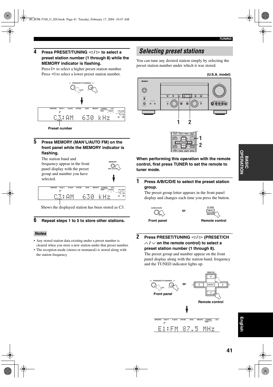 Selecting preset stations, English, Ba s ic opera t ion | Repeat steps 1 to 5 to store other stations, Shows the displayed station has been stored as c3 | Yamaha HTR-5760 User Manual | Page 45 / 88