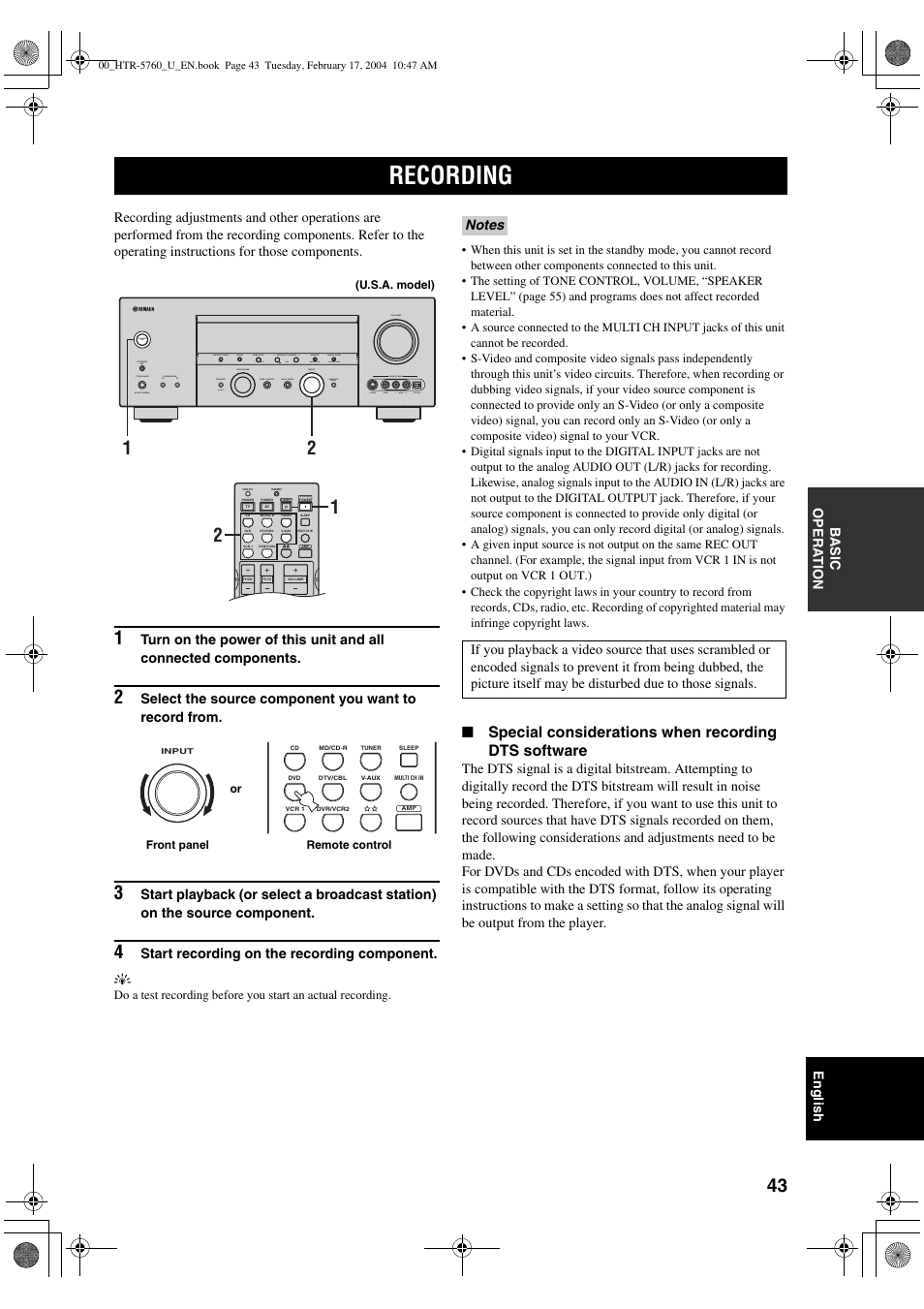 Recording, Special considerations when recording dts software | Yamaha HTR-5760 User Manual | Page 47 / 88