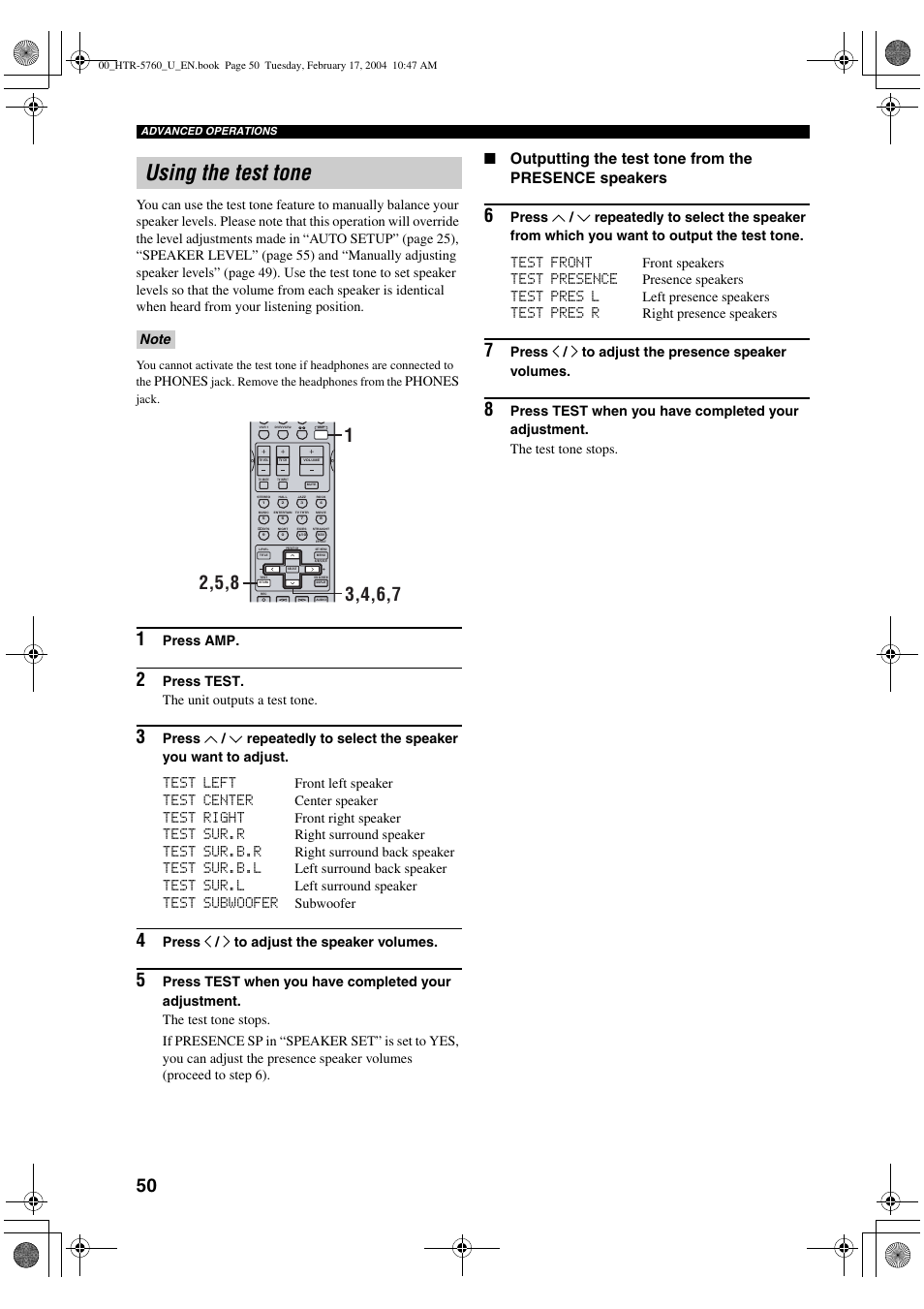 Using the test tone, Phones, Press amp | Press test. the unit outputs a test tone, Press j / i to adjust the speaker volumes, Press j / i to adjust the presence speaker volumes | Yamaha HTR-5760 User Manual | Page 54 / 88