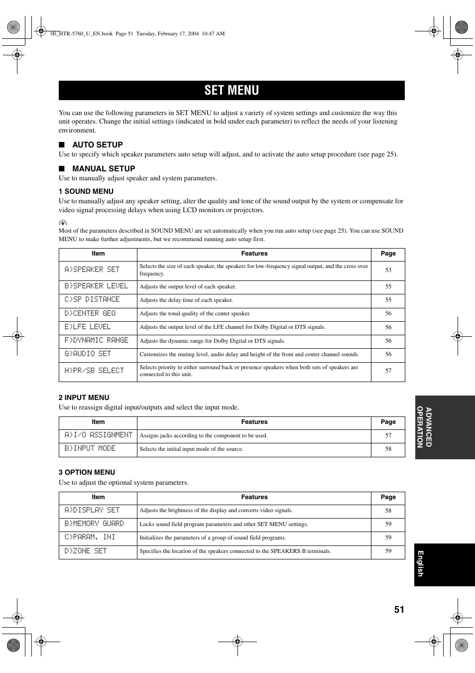 Set menu | Yamaha HTR-5760 User Manual | Page 55 / 88