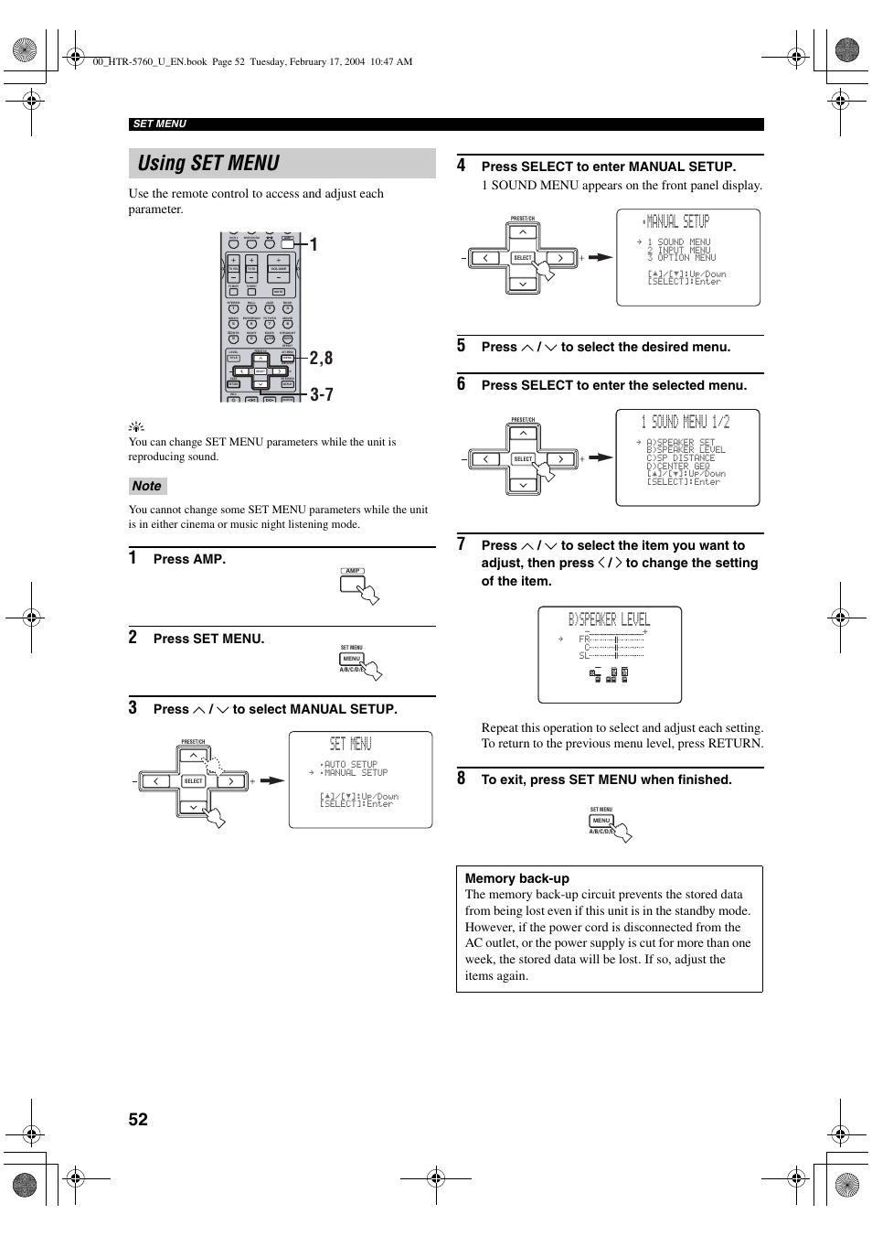 Using set menu, Set menu, Manual setup | 1 sound menu 1/2, B)speaker level, Press amp, Press set menu, Press u / d to select manual setup, Press u / d to select the desired menu, Press select to enter the selected menu | Yamaha HTR-5760 User Manual | Page 56 / 88