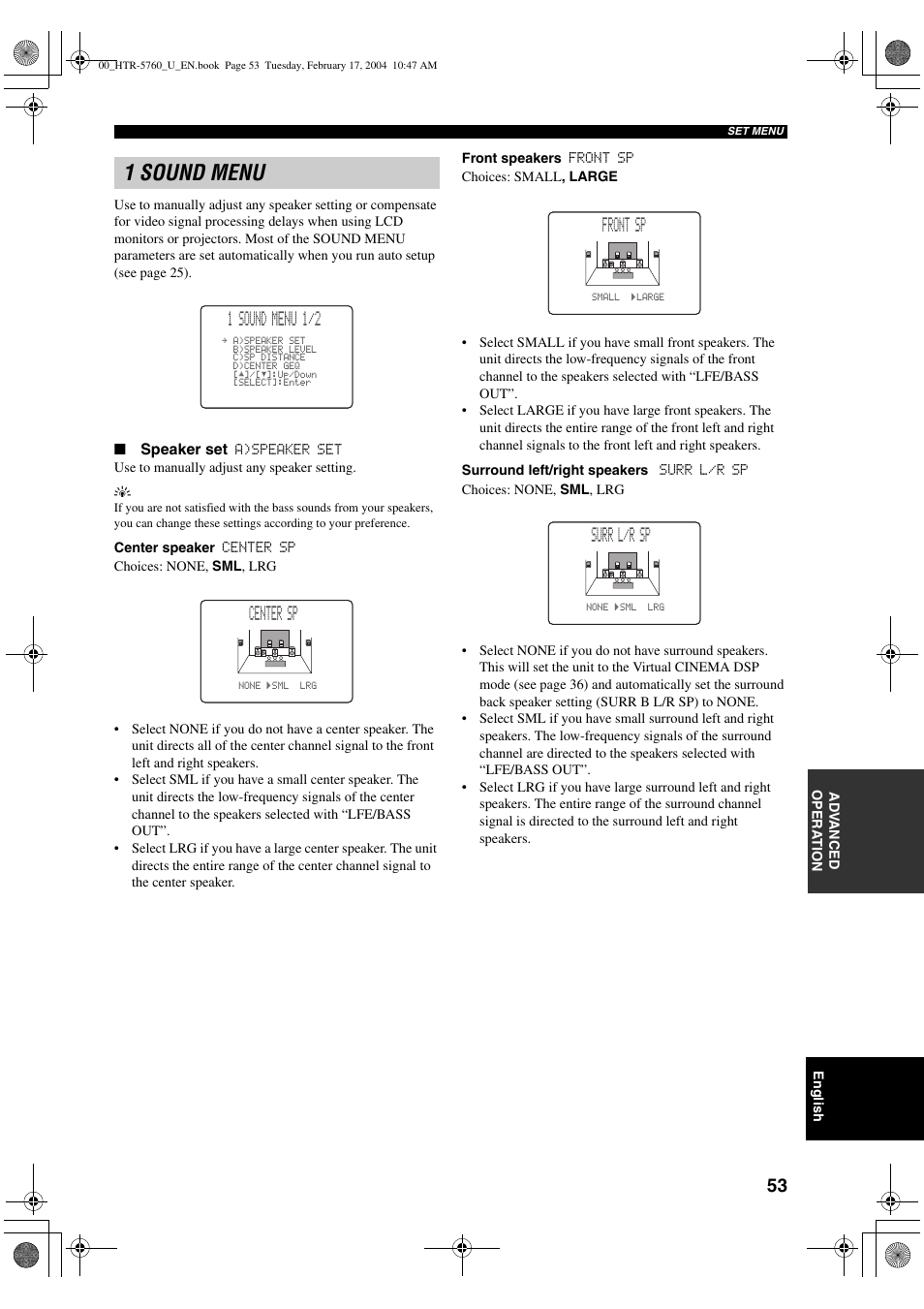 1 sound menu, 1 sound menu 1/2, Center sp | Front sp, Surr l/r sp | Yamaha HTR-5760 User Manual | Page 57 / 88