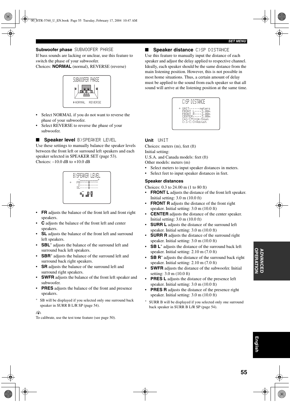 02a subwoofer phase, B)speaker level, C)sp distance | Yamaha HTR-5760 User Manual | Page 59 / 88