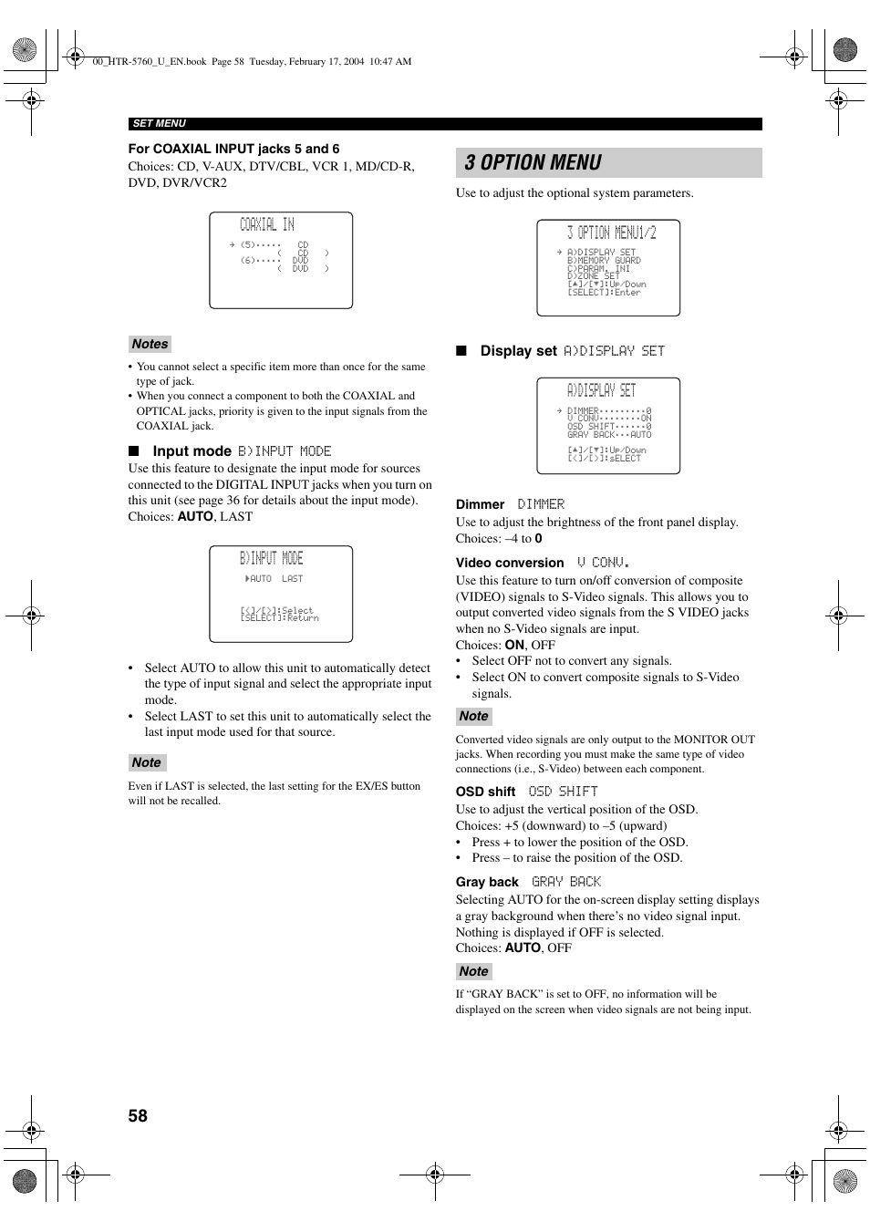 3 option menu, Coaxial in, B)input mode | 3 option menu1/2, A)display set | Yamaha HTR-5760 User Manual | Page 62 / 88