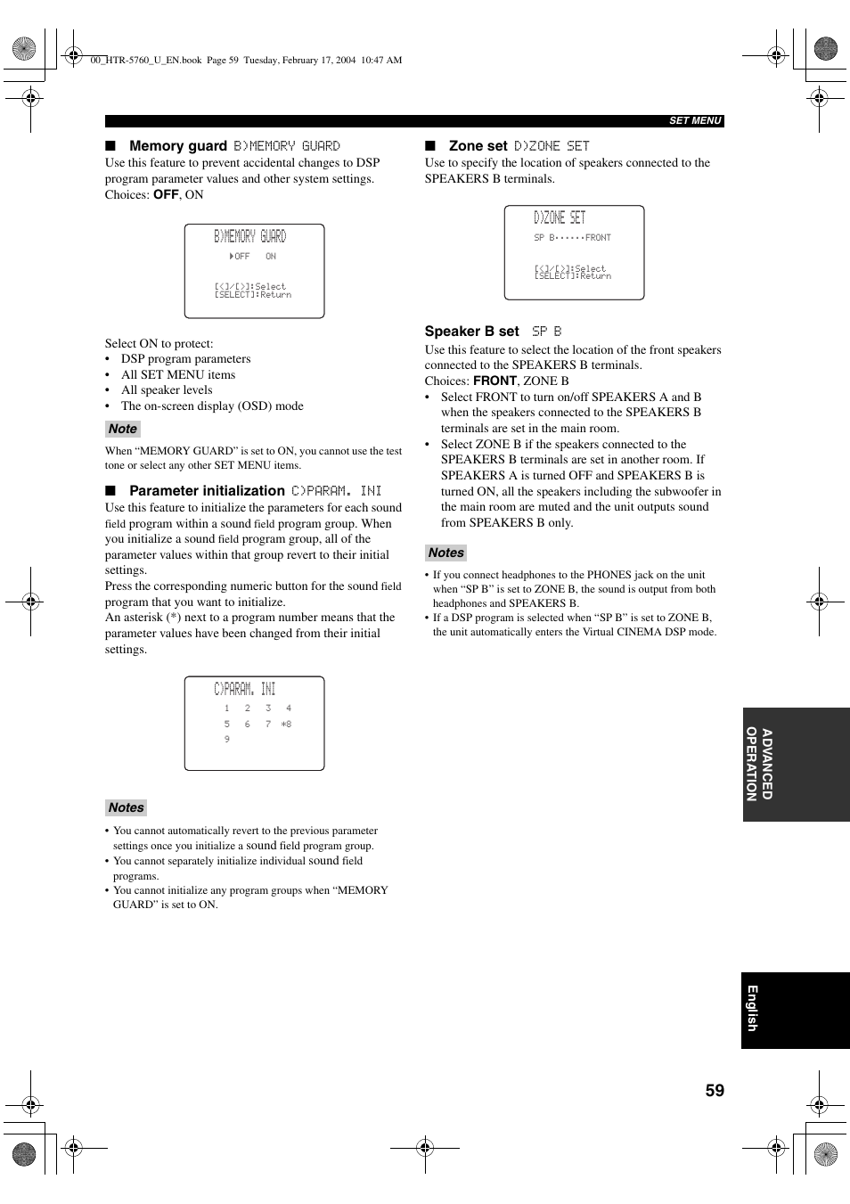 B (see, C)param. ini, D)zone set | Yamaha HTR-5760 User Manual | Page 63 / 88