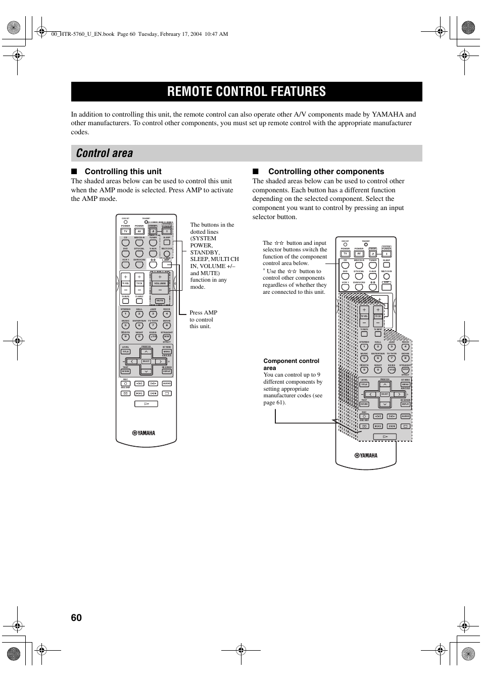 Remote control features, Control area, Controlling this unit | Controlling other components | Yamaha HTR-5760 User Manual | Page 64 / 88