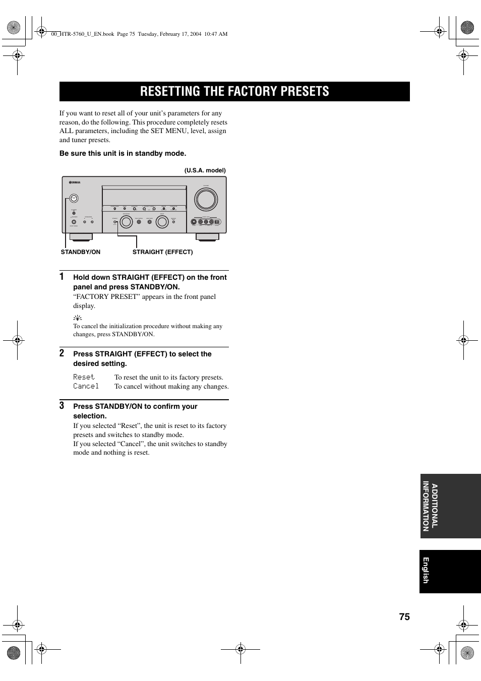 Resetting the factory presets | Yamaha HTR-5760 User Manual | Page 79 / 88