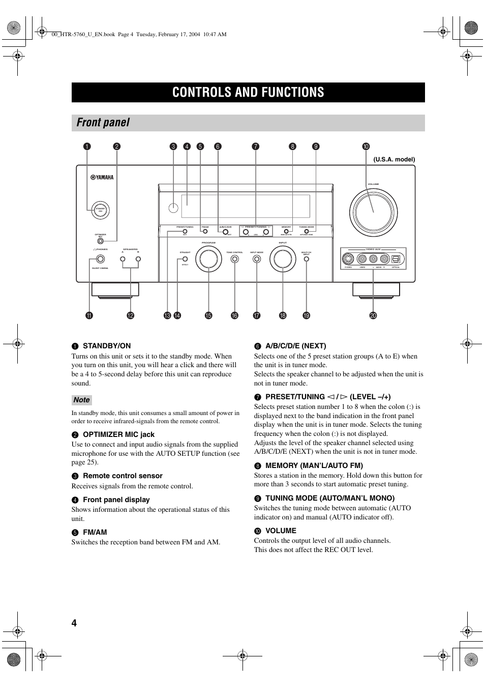 Controls and functions, Front panel | Yamaha HTR-5760 User Manual | Page 8 / 88