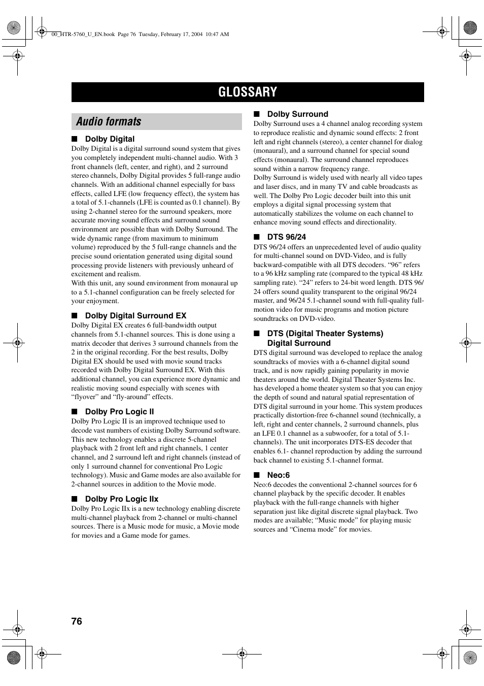 Glossary, Audio formats | Yamaha HTR-5760 User Manual | Page 80 / 88