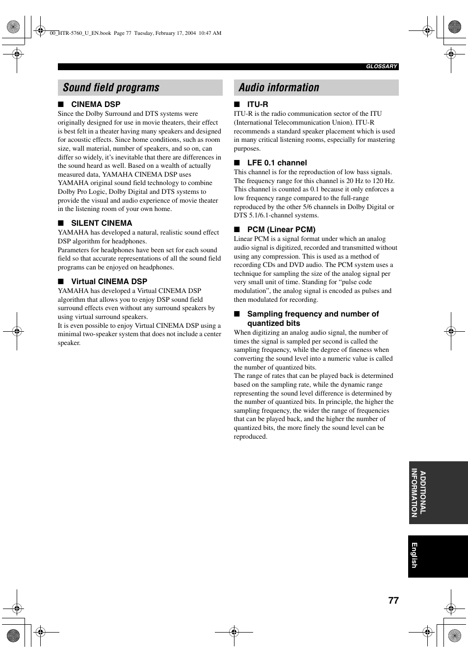 Sound field programs, Audio information, Sound field programs audio information | Yamaha HTR-5760 User Manual | Page 81 / 88