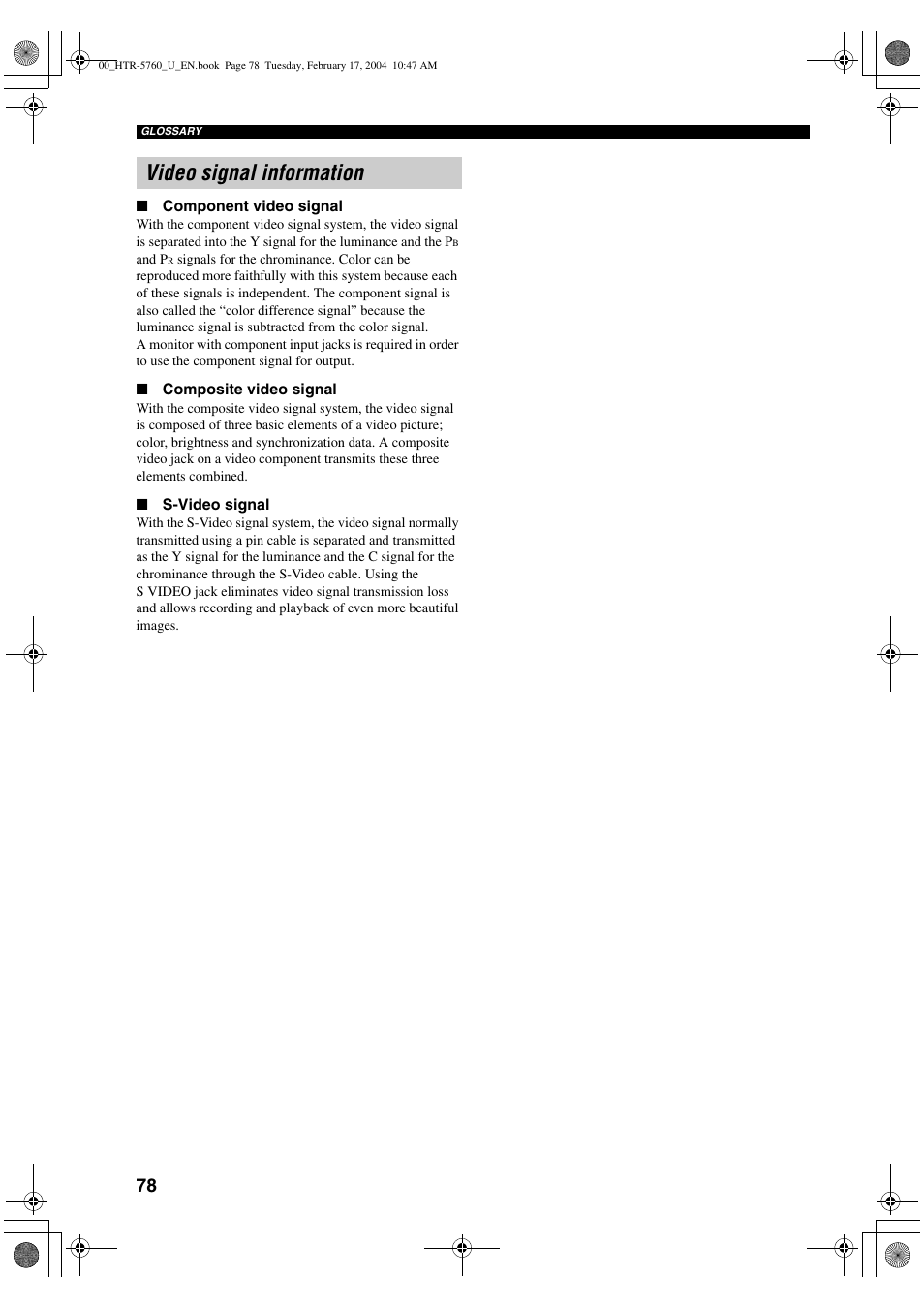Video signal information | Yamaha HTR-5760 User Manual | Page 82 / 88