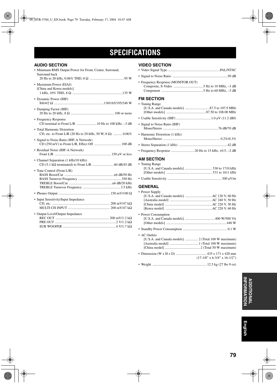 Specifications | Yamaha HTR-5760 User Manual | Page 83 / 88