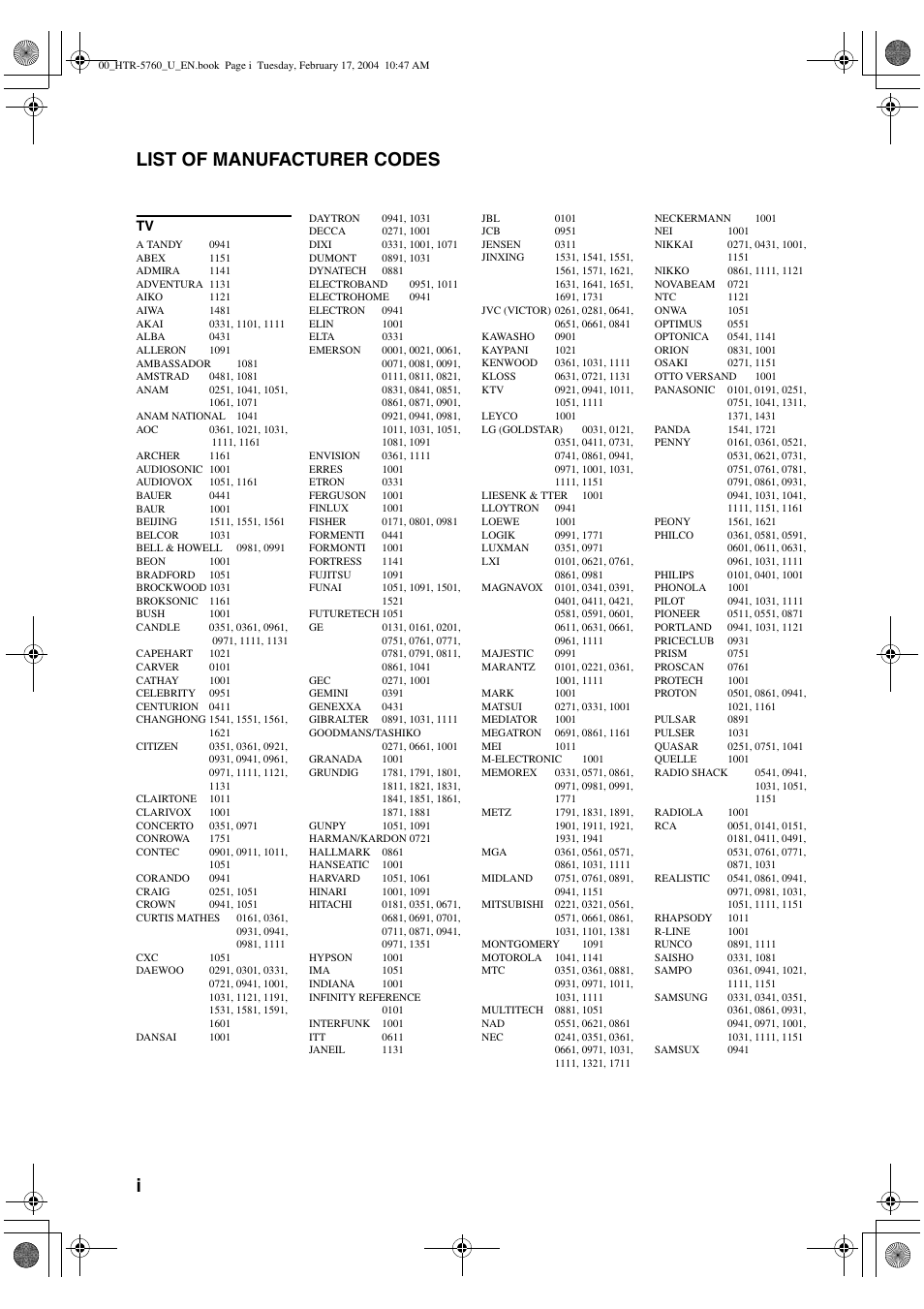 List of manufacturer codes, E “list of manufacturer codes” at the, E “list of manufacturer codes” a | Ilist of manufacturer codes | Yamaha HTR-5760 User Manual | Page 84 / 88