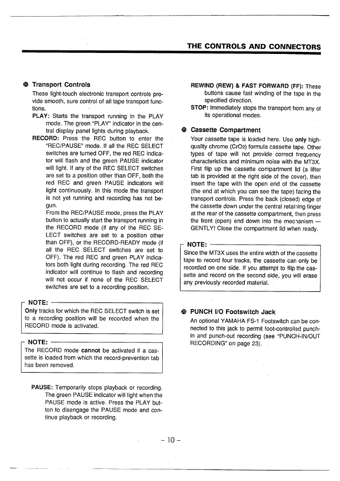 Transport controls, Cassette compartment, Note | R note, Punch i/o footswitch jack, The controls and connectors | Yamaha MT3X User Manual | Page 11 / 92