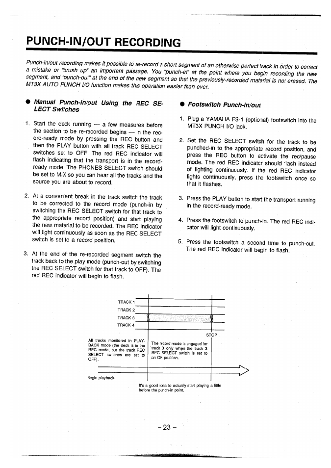 Punch-in/out recording, Footswitch punch-in/out | Yamaha MT3X User Manual | Page 24 / 92