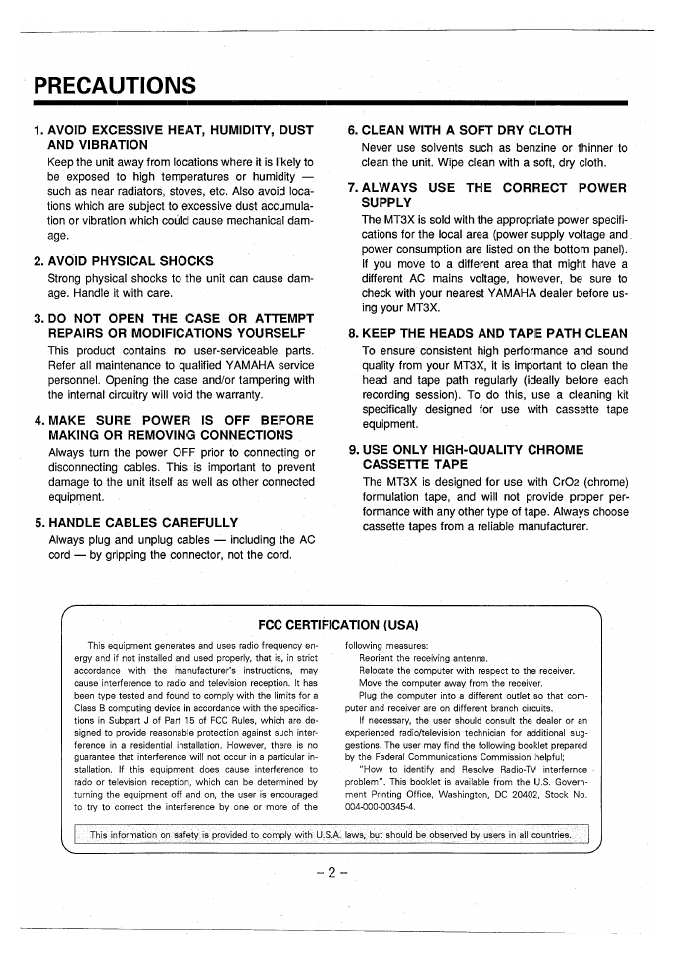 Precautions | Yamaha MT3X User Manual | Page 3 / 92