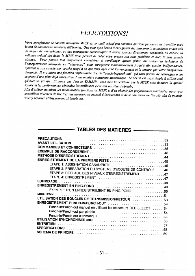 Felicitations, Tables des matieres | Yamaha MT3X User Manual | Page 32 / 92