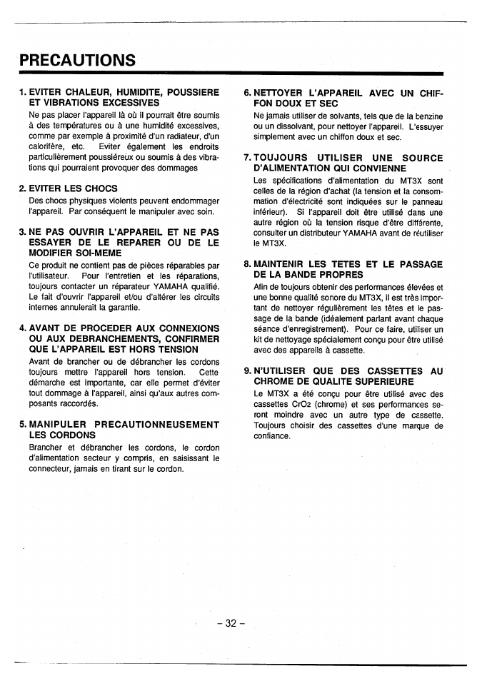 Precautions | Yamaha MT3X User Manual | Page 33 / 92