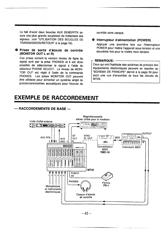 Interrupteur d’alimentation (power), R remarque, Exemple de raccordement | Yamaha MT3X User Manual | Page 44 / 92