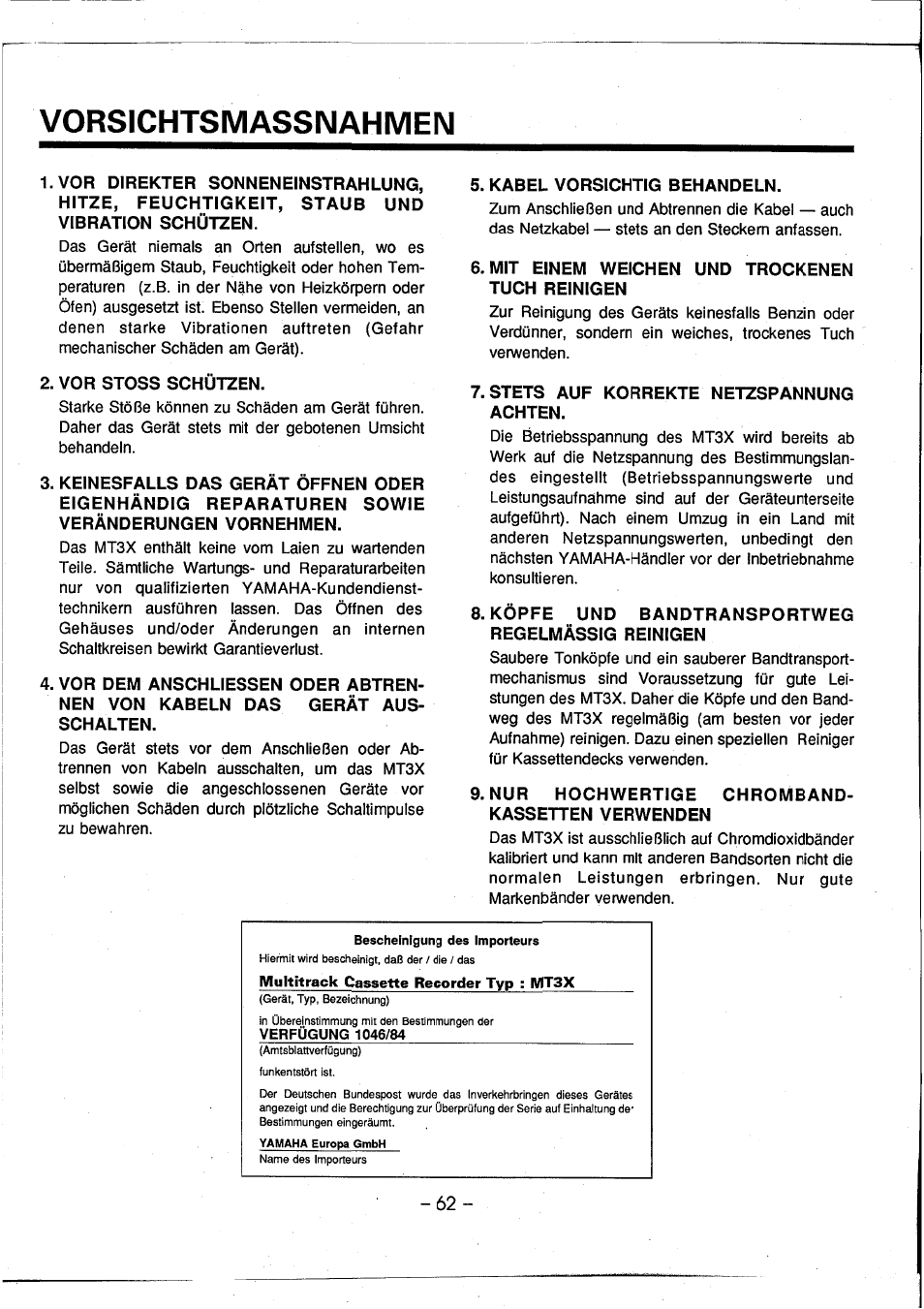 Vorsichtsmassnahmen | Yamaha MT3X User Manual | Page 63 / 92