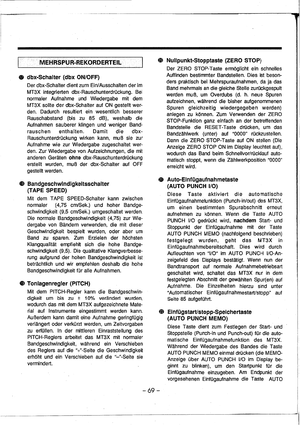 Dbx-schalter (dbx on/off), Bandgeschwindigkeitsschalter (tape speed), Tonlagenregler (pitch) | Nullpunkt-stopptaste (zero stop), Auto-einfügaufnahmetaste (auto punch i/o), Einfügstart/stopp-speichertaste (auto punch memo) | Yamaha MT3X User Manual | Page 70 / 92