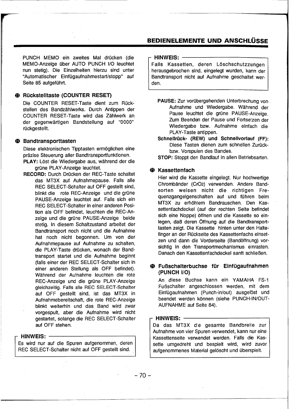 Rückstelltaste (counter reset), Bandtransporttasten, R hinweis | Kassettenfach, Fußschalterbuchse für einfügaufnahmen (punch i/o), Bedienelemente und anschlüsse | Yamaha MT3X User Manual | Page 71 / 92