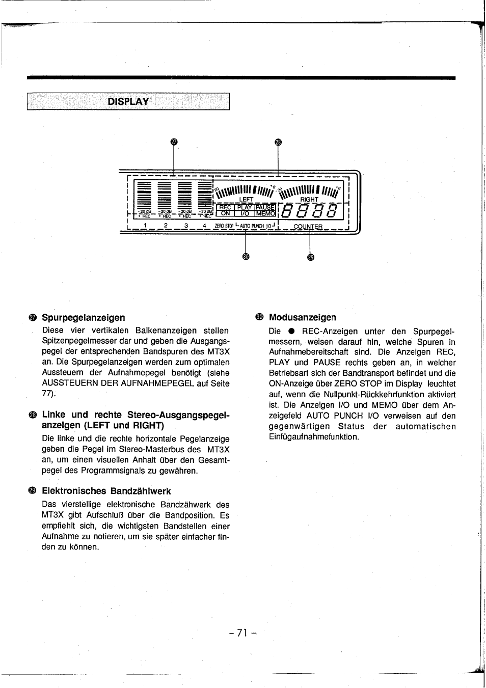 Spurpegelanzeigen, Modusanzeigen, Elektronisches bandzählwerk | Yamaha MT3X User Manual | Page 72 / 92