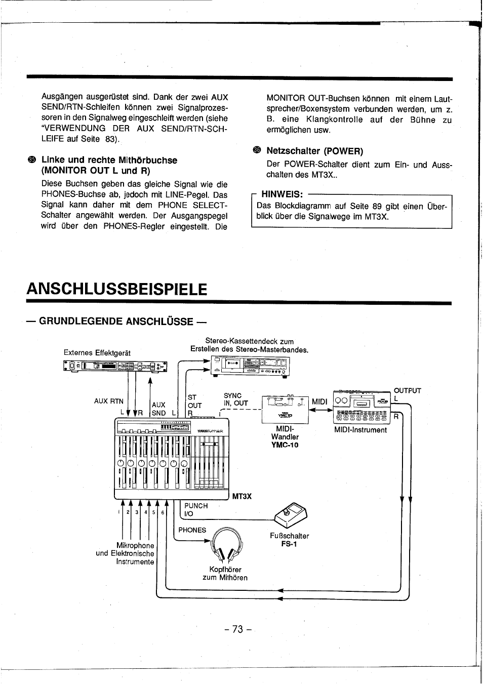 Anschlussbeispiele, Grundlegende anschlüsse, Netzschalter (power) | R hinweis | Yamaha MT3X User Manual | Page 74 / 92