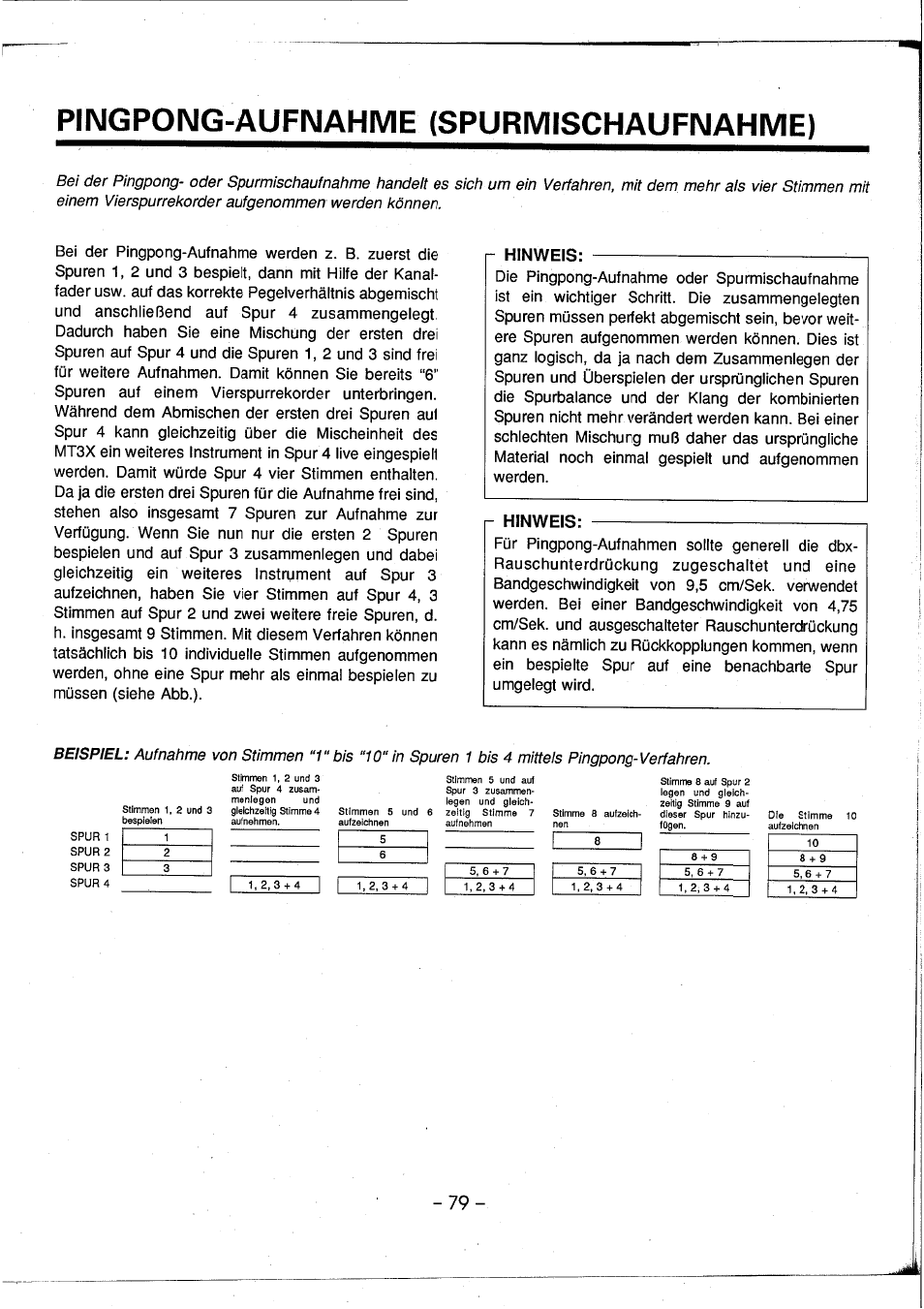 Pingpong-aufnahme (spurmischaufnahme), Hinweis, Bei der pingpong-aufnahme werden | Spur 1 1, 10 spur 2 2, Spur 3 3 | Yamaha MT3X User Manual | Page 80 / 92