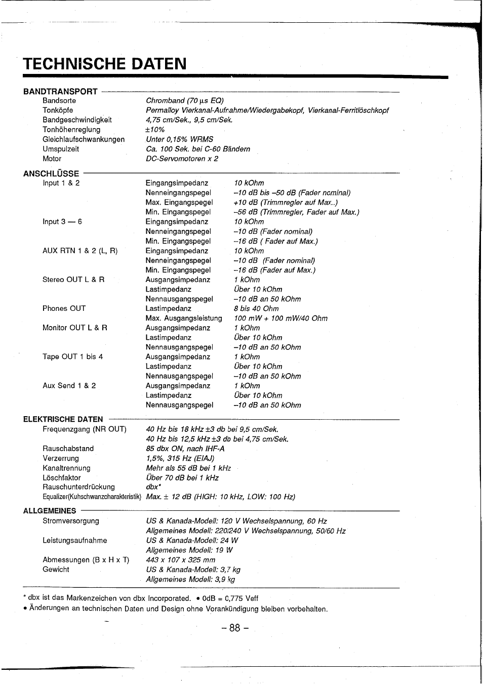 Technische daten | Yamaha MT3X User Manual | Page 89 / 92