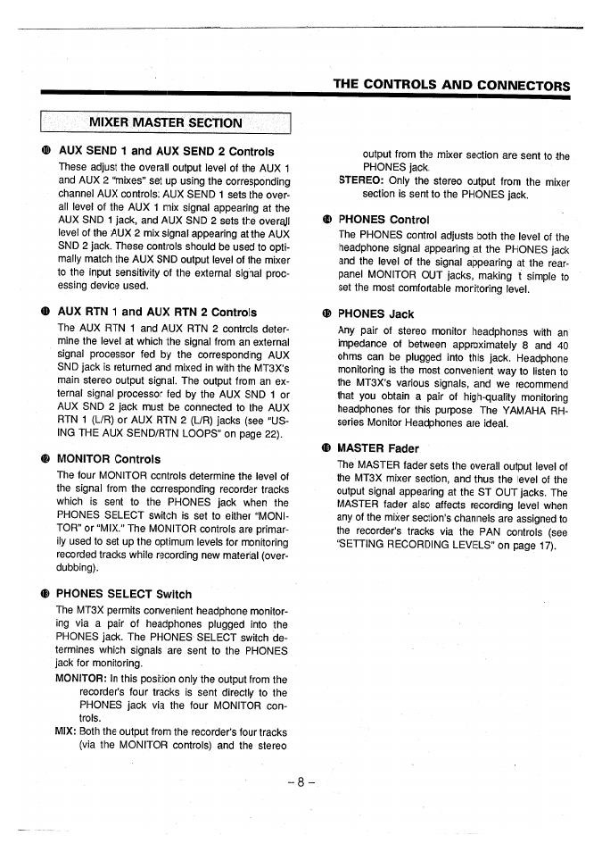 Mixer master section, The controls and connectors | Yamaha MT3X User Manual | Page 9 / 92